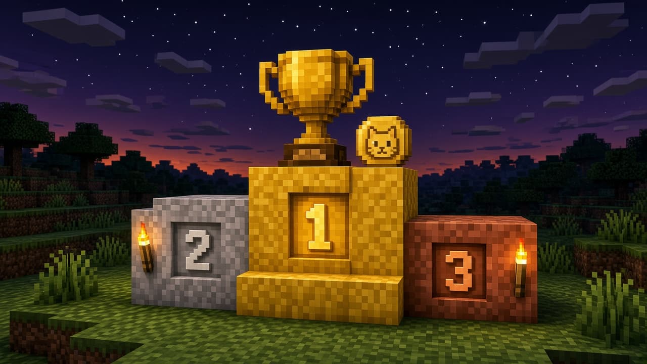 Gold token and trophy on a 1-2-3 Minecraft podium